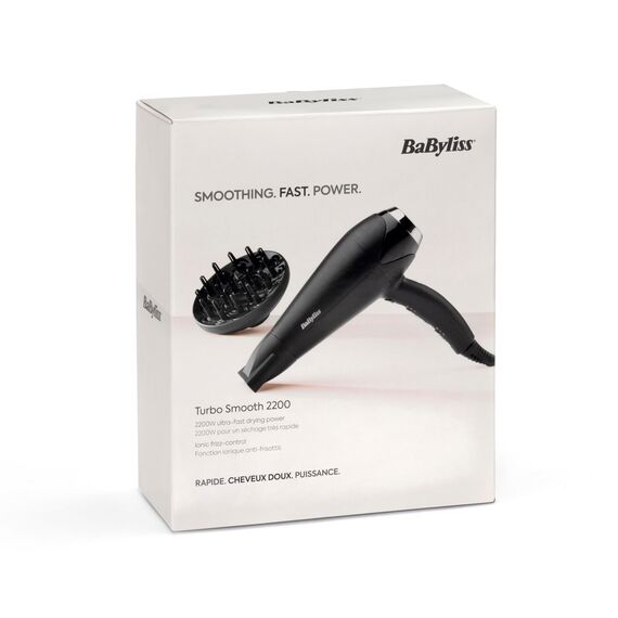 BaByliss Haartrockner Turbo Smooth – 2200 W leistungsstarker Föhn, großer Diffusor, Ionen-Technologie mit Anti-Frizz, 3 Temperatureinstellungen & 2 Geschwindigkeitsstufen, Schwarz, D572DE