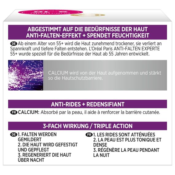 L'Oréal Paris Nachtpflege für das Gesicht, Feuchtigkeitspendende Anti-Aging Nachtcreme mit Calcium zur Minderung von Falten, Anti-Falten Experte 55+, 1 x 50 ml