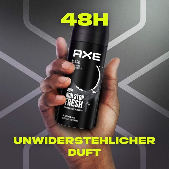 Axe Bodyspray Black Deo ohne Aluminium sorgt 48 Stunden lang für effektiven Schutz vor Körpergeruch 150 ml