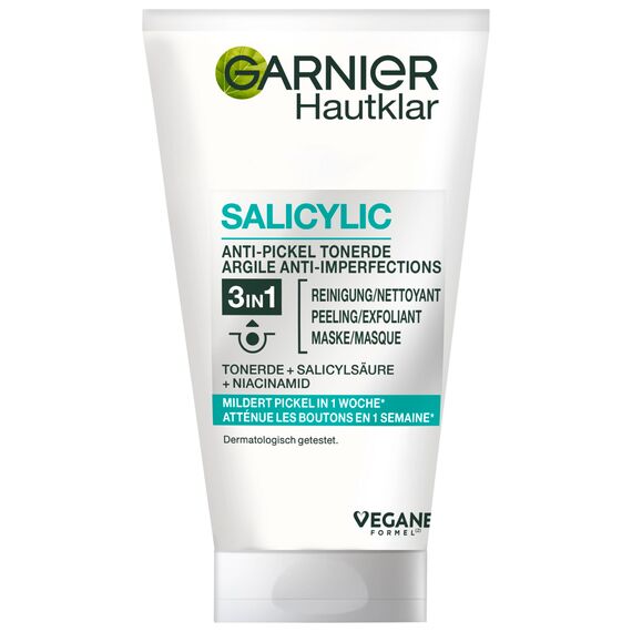 Garnier Hautklar 3 in 1 Gesichtsreinigung für unreine Haut, Reinigung, Peeling und Maske, Mit Salizylsäure und Tonerde, 1 x 150 ml