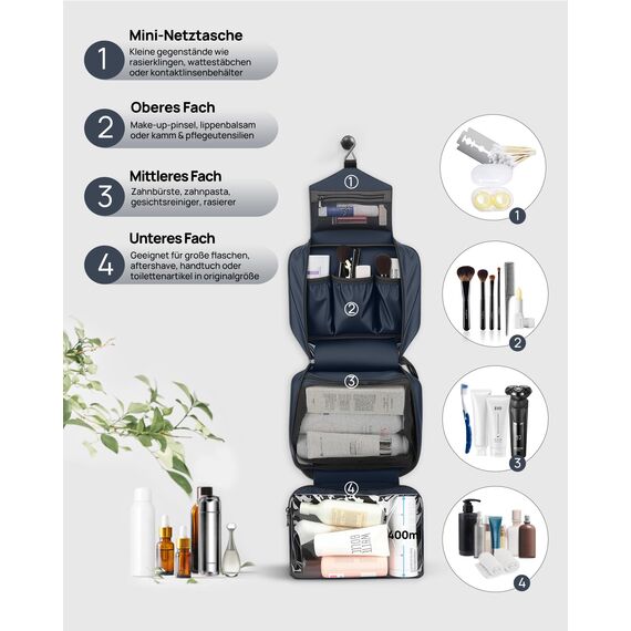 Carttiya Kulturbeutel zum Aufhängen, Kulturbeutel Herren Damen, Kosmetiktasche Groß Waschtasche Reise Waschbeutel Cosmetic Bag Makeup Tasche Kulturtaschen Toilettentasche mit Haken (Dunkelblau)