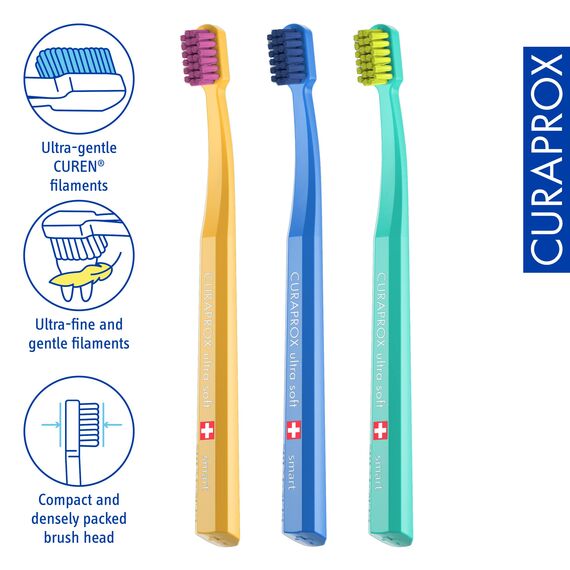 Curaprox CS Smart Zahnbürste - Kompakter Bürstenkopf für Kinder und Erwachsene/Ultraschonende Reinigung | 3er Pack | Gemischte Farben/Hergestellt in der Schweiz