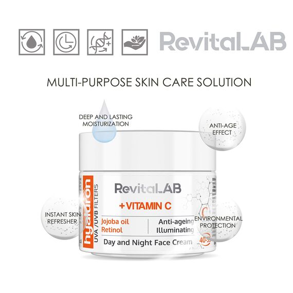 RevitaLAB Hyaluron Anti-Ageing Tages- und Nachtcreme, angereichert mit den Vitaminen C, Jojoba-Öl und UV-Filtern, für Alter zwischen 40 und 55, 50 ml