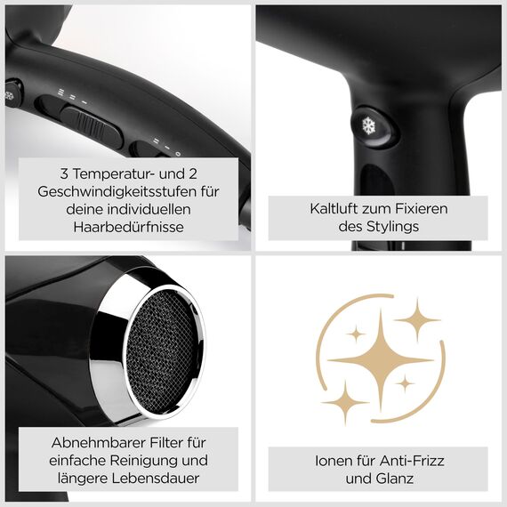 BaByliss Haartrockner Turbo Smooth – 2200 W leistungsstarker Föhn, großer Diffusor, Ionen-Technologie mit Anti-Frizz, 3 Temperatureinstellungen & 2 Geschwindigkeitsstufen, Schwarz, D572DE