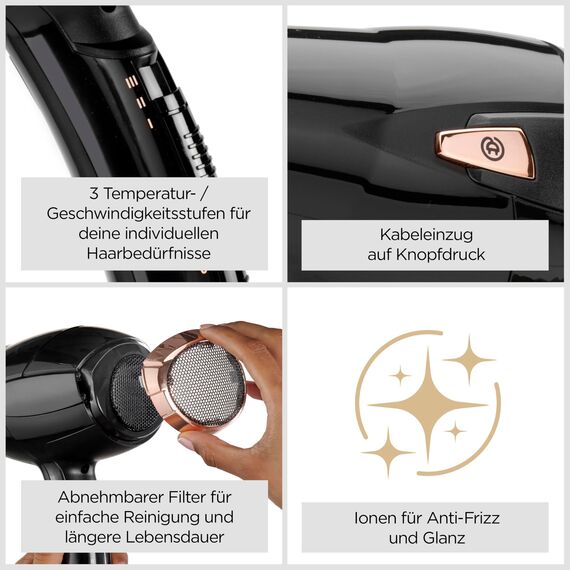 BaByliss Haartrockner Cordkeeper – Leistungsstarker 2000W Föhn mit einzigartigem 1,65m Kabeleinzug, Ionen-Technologie mit Anti-Frizz, 3 Heiz- & 2 Geschwindigkeitsstufen, Schwarz, D373E