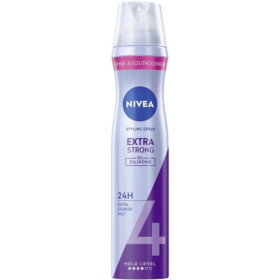 NIVEA Extra Strong Styling Spray, stärkendes Haarspray mit Panthenol & Vitamin B3, zuverlässiger Haarlack für Stylings mit 24h Halt (Haltestufe 4), veganes Pflegespray (250 ml)
