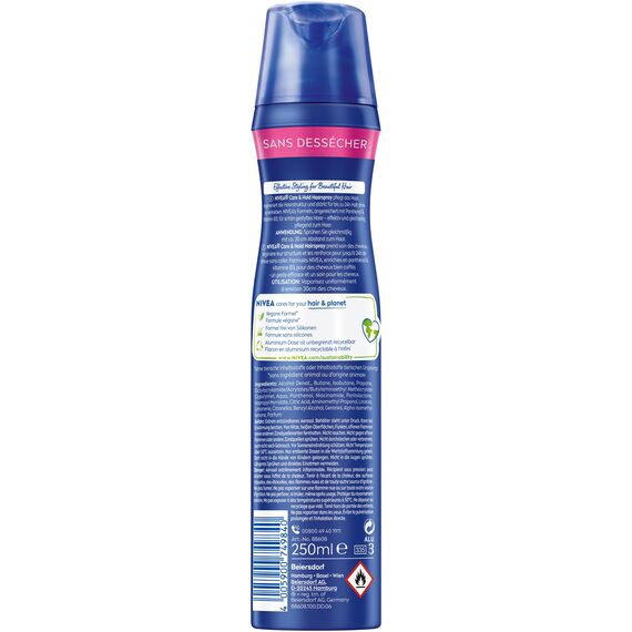 NIVEA Care & Hold Styling Spray, stärkendes Haarspray mit Panthenol & Vitamin B3, Haarlack für flexible Stylings mit 24h Halt (Haltestufe 4), veganes Pflegespray (250 ml)