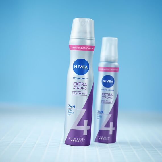 NIVEA Extra Strong Styling Spray, stärkendes Haarspray mit Panthenol & Vitamin B3, zuverlässiger Haarlack für Stylings mit 24h Halt (Haltestufe 4), veganes Pflegespray (250 ml)