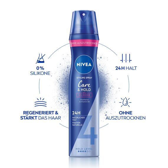 NIVEA Care & Hold Styling Spray, stärkendes Haarspray mit Panthenol & Vitamin B3, Haarlack für flexible Stylings mit 24h Halt (Haltestufe 4), veganes Pflegespray (250 ml)