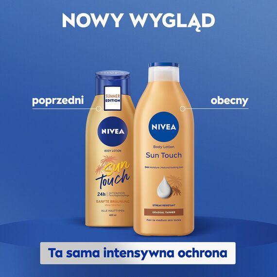 NIVEA Sun Touch Body Lotion (400 ml), Pflegelotion mit sanftem Bräunungseffekt ohne Streifen, feuchtigkeitsspendende Körpercreme mit Ginkgo-Extrakt und Traubenkernöl