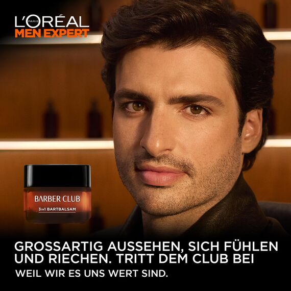 L'Oréal Men Expert Bartbalsam Bart + Haut für Männer, Unterstützung beim gesunden Bartwachstum, Beruhigende Bartpflege für Herren mit holzigem Duft und ätherischem Zedernholzöl, Barber Club, 1 x 50 ml