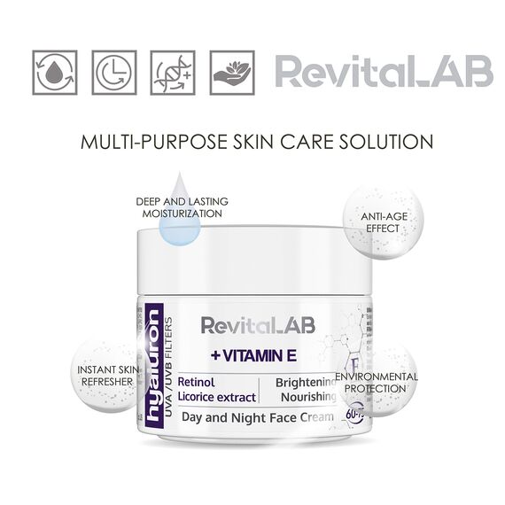 RevitaLAB Hyaluron Anti-Aging Tages- und Nachtcreme, angereichert mit Vitamin A (Retinol), Vitamin E, Süßholzwurzelextrakt, Hyaluronsäure und UV-Filter, für Alter zwischen 60 und 75, 50 ml