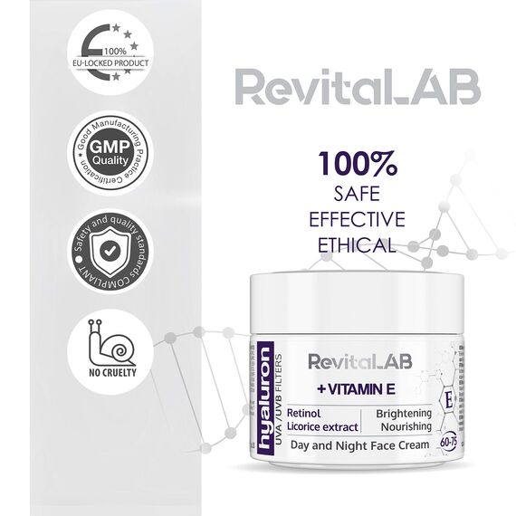 RevitaLAB Hyaluron Anti-Aging Tages- und Nachtcreme, angereichert mit Vitamin A (Retinol), Vitamin E, Süßholzwurzelextrakt, Hyaluronsäure und UV-Filter, für Alter zwischen 60 und 75, 50 ml