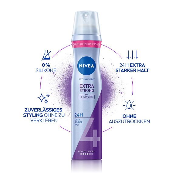 NIVEA Extra Strong Styling Spray, stärkendes Haarspray mit Panthenol & Vitamin B3, zuverlässiger Haarlack für Stylings mit 24h Halt (Haltestufe 4), veganes Pflegespray (250 ml)
