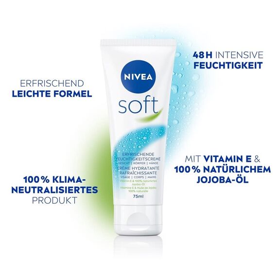 NIVEA Soft erfrischende Feuchtigkeitscreme (75 ml), pflegende Soft Creme mit Vitamin E und Jojoba-Öl, schnell einziehende Hautcreme