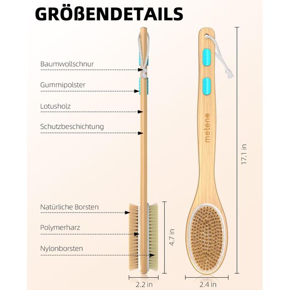 Metene Rückenbürste Badebürste Dusche Duschbürste Mit Langem Stiel, Körperbürste, Peelingbürste, Natürliche Borsten, zum Entfernen Abgestorbener Haut, Cellulite, Verbessert Lymphfunktionen