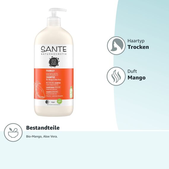 SANTE Naturkosmetik Shampoo Bio-Mango & Aloe Vera, Vorteilsgröße mit Pumpspender, Spendet Feuchtigkeit, Glänzendes, Natürliche Haarpflege für trockenes Haar, Vegan, 950ml