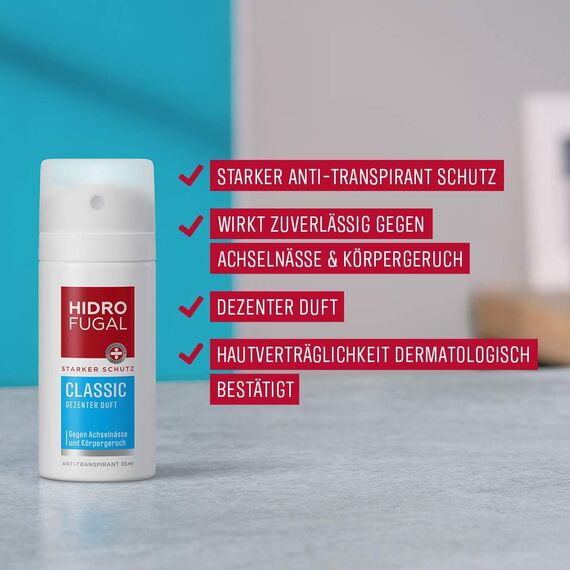 Hidrofugal Classic Spray Mini (35 ml), starker Anti-Transpirant Schutz mit dezentem Duft, kleines Deo Spray für zuverlässigen Schutz ohne Ethylalkohol