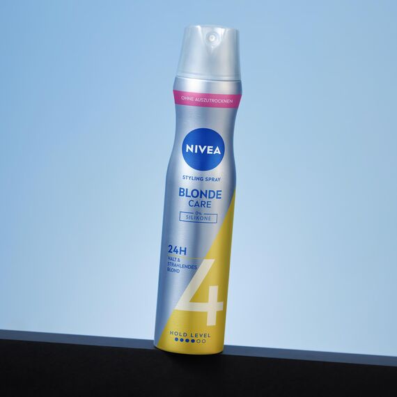 NIVEA Blonde Care Styling Spray, stärkendes Haarspray mit Panthenol & Vitamin B3, Haarlack für strahlend blondes Haar & 24h Halt (Haltestufe 4), veganes Pflegespray (250 ml)