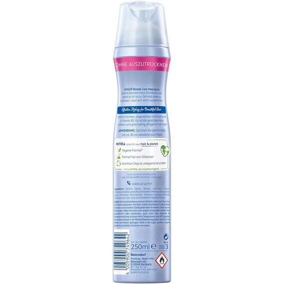 NIVEA Blonde Care Styling Spray, stärkendes Haarspray mit Panthenol & Vitamin B3, Haarlack für strahlend blondes Haar & 24h Halt (Haltestufe 4), veganes Pflegespray (250 ml)
