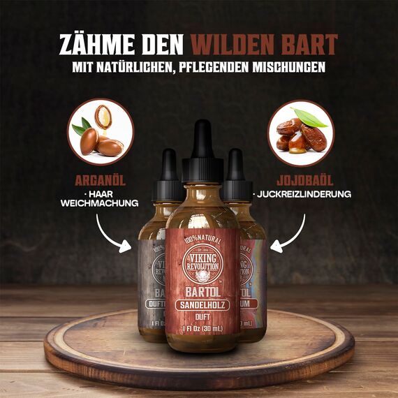 Viking Revolution - Bartöl - Macht Weich, Schützt und Stärkt - Aus Ganz Natürlichen Bay Rum, Unparfümiert & Sandelholz - Bartöl Herren - Geschenke Für Männer - Set 3 x 30 ml