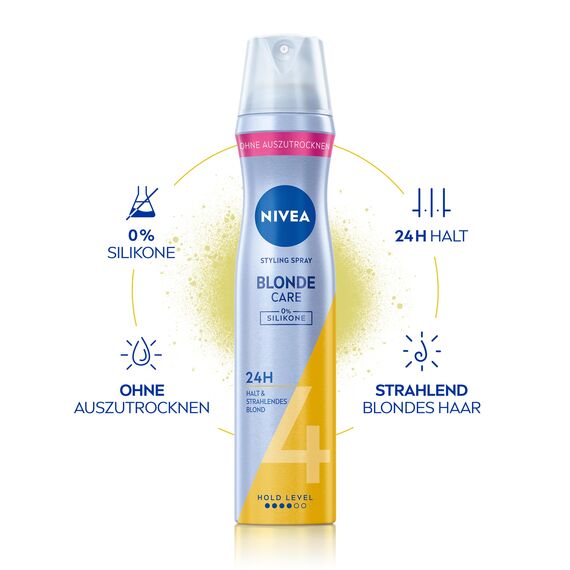 NIVEA Blonde Care Styling Spray, stärkendes Haarspray mit Panthenol & Vitamin B3, Haarlack für strahlend blondes Haar & 24h Halt (Haltestufe 4), veganes Pflegespray (250 ml)