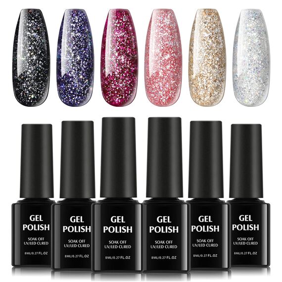 TOMICCA UV Nagellack Glitzer Gel Nagelgel Set 6 x 8ml, Farbwechsel Gel Sternen Glitter Nail Gel Polish Kit, Lack UV Farbgel Set für Nagel Design