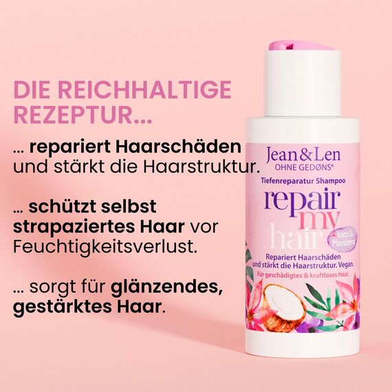 Jean & Len Shampoo Repair Kokosöl & Macadamia in Reisegröße, für geschädigtes & kraftloses Haar, beugt Feuchtigkeitsverlust vor, repariert die Haarstruktur, ohne Parabene & Silikone, vegan 50 ml