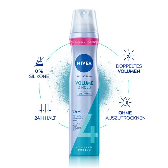 NIVEA Volume & Hold Styling Spray, stärkendes Haarspray mit UV-Schutz, Panthenol & Vitamin B3, Haarlack für sichtbar mehr Volumen & 24h Halt (Haltestufe 4), veganes Pflegespray ohne Silikone (250 ml)