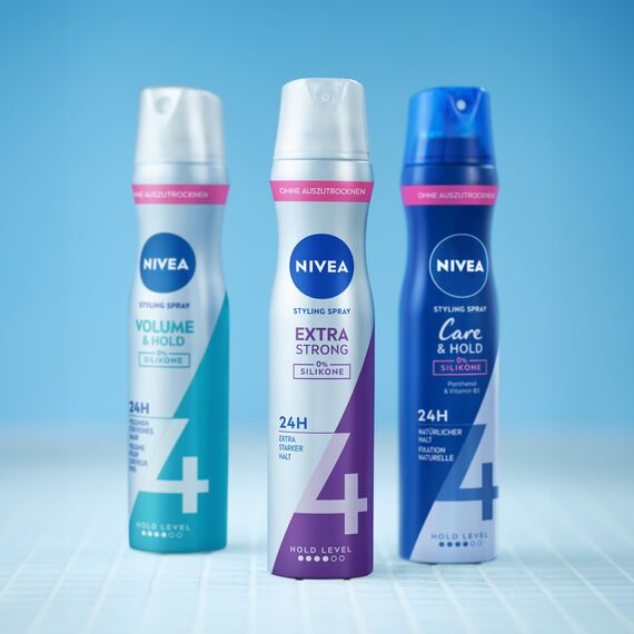 NIVEA Volume & Hold Styling Spray, stärkendes Haarspray mit UV-Schutz, Panthenol & Vitamin B3, Haarlack für sichtbar mehr Volumen & 24h Halt (Haltestufe 4), veganes Pflegespray ohne Silikone (250 ml)