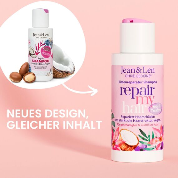 Jean & Len Shampoo Repair Kokosöl & Macadamia in Reisegröße, für geschädigtes & kraftloses Haar, beugt Feuchtigkeitsverlust vor, repariert die Haarstruktur, ohne Parabene & Silikone, vegan 50 ml