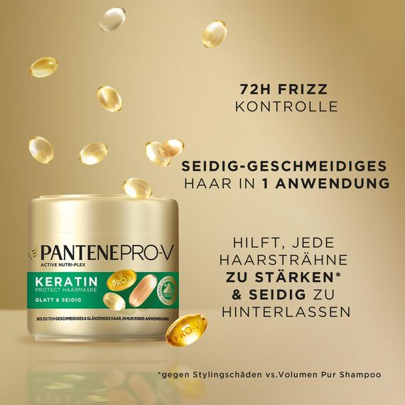 Pantene Pro-V Glatt & Seidig Keratin Protect Haarmaske 500ml für Krauses, Trockenes Haar, Bis zu 72 Stunden Glattes, Glänzendes Haar in Nur 1 Anwendung, Mit Pro-V Formel und Active Nutri-Plex