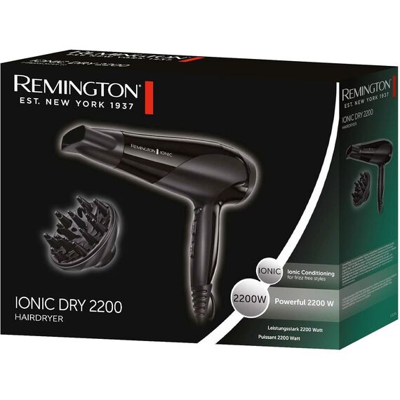 Remington Haartrockner Ionen [leicht, Diffusor & Stylingdüse] schwarz (2200W, Keramik-Ionen: schonendes Styling & gleichmäßige Wärmeverteilung, 3 Heiz- & 2 separate Gebläsestufen + Abkühlstufe) D3198