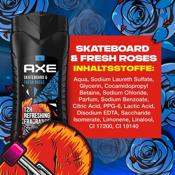 Axe XL Skateboard & Fresh Roses 3in1 Duschgel Herren Body Hair Face 12h frischen Duft auf Pflanzenbasis (1 x 400 ml)