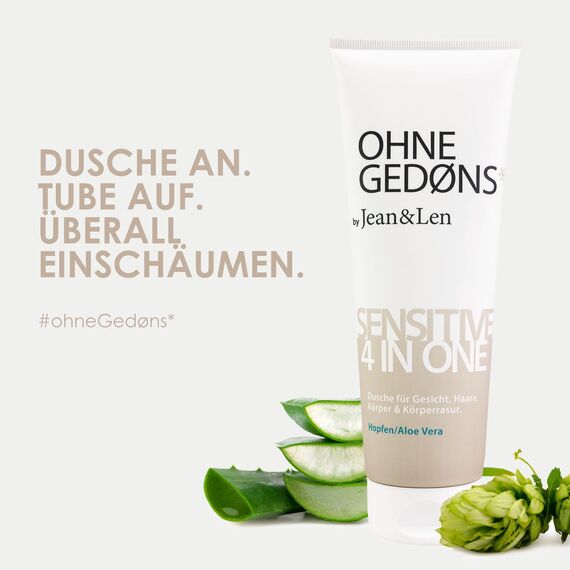 Jean & Len Sensitive 4in1 Duschgel Hopfen & Aloe Vera, für Gesicht, Haare, Körper & Körperrasur, sanfte Inhaltsstoffe verwöhnen Haut & Haare, ohne Parabene & Silikone, Duschgel vegan, 250 ml