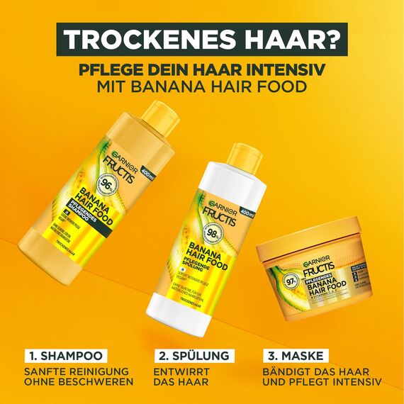 Garnier Fructis Pflegende Bananen Spülung, Conditioner für trockenes Haar, Für mehr Glanz und Geschmeidigkeit, Mixtur aus 98% Inhaltsstoffen natürlichen Ursprungs, Ohne Parabene, Vegane Formel, 400ml
