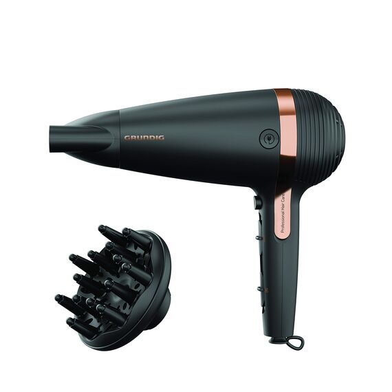 GRUNDIG Naturashine HD 7081 Haartrockner mit Ionic- Funktion, Keramik Schutz, Cool Touch Stylingdüse, 2100 W, 3 Temperatur- und 2 Luftstromstufen, Kaltstufe, einziehbares Kabel, Schwarz / Roségold