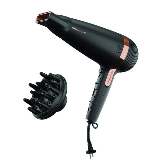 GRUNDIG Naturashine HD 7081 Haartrockner mit Ionic- Funktion, Keramik Schutz, Cool Touch Stylingdüse, 2100 W, 3 Temperatur- und 2 Luftstromstufen, Kaltstufe, einziehbares Kabel, Schwarz / Roségold