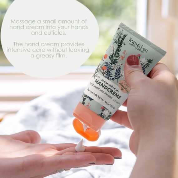 Jean & Len – Schmeichelnde Handcreme Aloe Vera & Basilikum, Handpflege für normale bis trockene Hände, pflegt intensiv, ohne Parabene und Silikone, vegan, Handcreme Tube, 75 ml