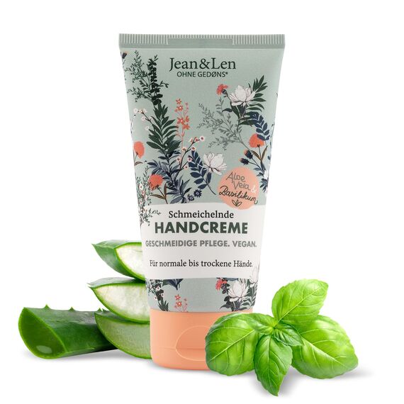 Jean & Len – Schmeichelnde Handcreme Aloe Vera & Basilikum, Handpflege für normale bis trockene Hände, pflegt intensiv, ohne Parabene und Silikone, vegan, Handcreme Tube, 75 ml