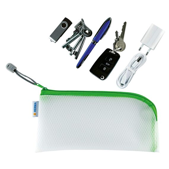 HERMA Dokumententasche mit Reißverschluss, kleine wasserdichte Reißverschlusstasche, verschließbare Dokumentenmappe aus Kunstoff mit Zipper, halb-transparent, 23 x 11 cm, grün
