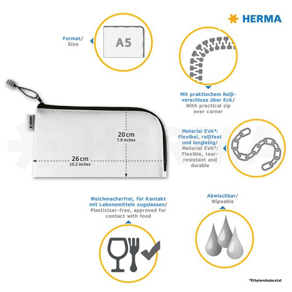 HERMA Dokumententasche A5 mit Reißverschluss, kleine wasserdichte Reißverschlusstasche, verschließbare Dokumentenmappe aus Kunstoff mit Zipper, halb-transparent, 26 x 20 cm, blau