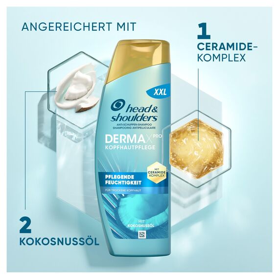 Head & Shoulders DermaXPro Pflegende Feuchtigkeit Anti-Schuppen-Shampoo 500 ml mit Kokosöl und Ceramide-Komplex, 72H Feuchtigkeit für Trockene Kopfhaut