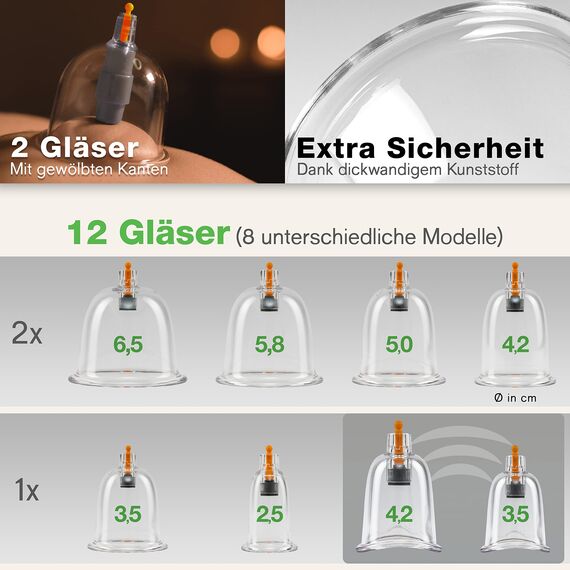 BACKLAXX® Schröpfgläser mit Vakuumpumpe 12 Stück – Schröpfset aus bruchsicherem Schröpfglas (Kunststoff) mit Therapiemagneten – Schröpfen Set inkl.Videokurs & eBook | Cupping Set | Schröpfgläser Set