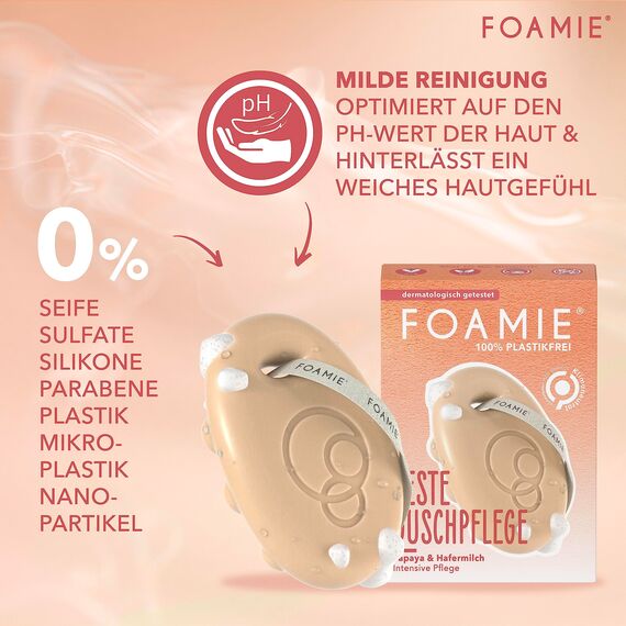 Foamie Festes Duschgel mit Papaya & Hafermilch, Duschpflege Massage-Effekt für eine Intensive Pflege, Feste Dusche 100% Vegan, Plastikfrei, Silikonfrei, 80g