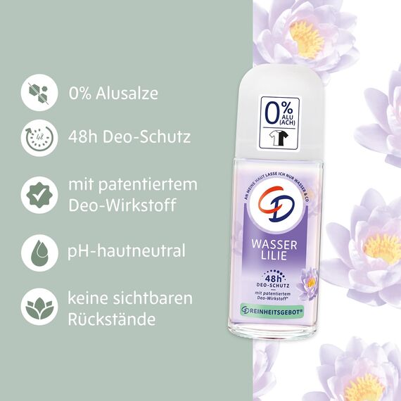 CD Deo Roll-On "Wasserlilie", Deodorant ohne Aluminiumsalze, langanhaltender Schutz für 48 h, für empfindliche Haut geeignet, vegan, Körperpflege, 50 ml