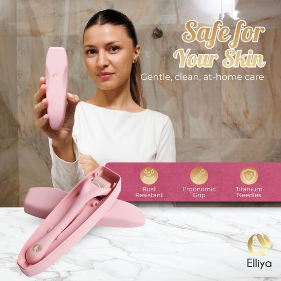 Elliya Rosa Derma Roller mit 0,25 mm Titan-Nadeln - Gesichtspflege- und Hautpflegewerkzeug mit Etui - Microneedling-Roller für glatte Haut - Hautpflegeroutine für Zuhause