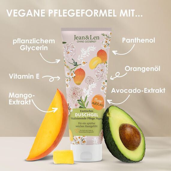 Jean & Len Exotisches Duschgel Mango & Avocado, vitalisierende Formulierung für ein spürbar geschmeidiges Hautgefühl, sanfte Hautreinigung, ohne Parabene & Silikone, vegan, Duschgel, 250 ml
