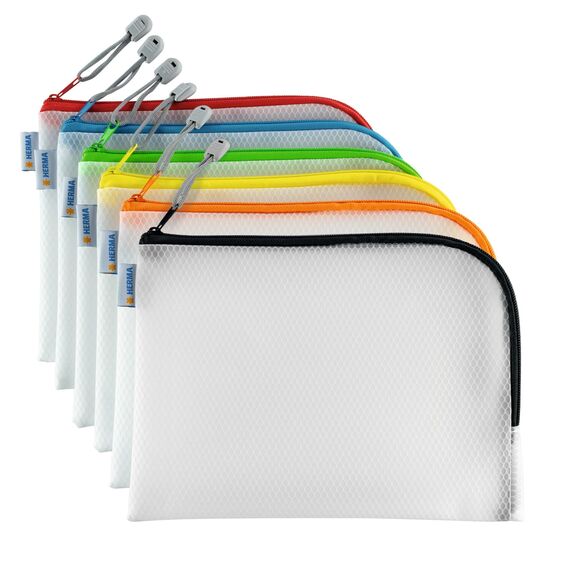 HERMA Dokumententasche A5 mit Reißverschluss Set, 10 Stück, kleine wasserdichte Reißverschlusstasche, verschließbare Dokumentenmappe aus Kunstoff mit Zipper, halb-transparent, 26 x 20 cm