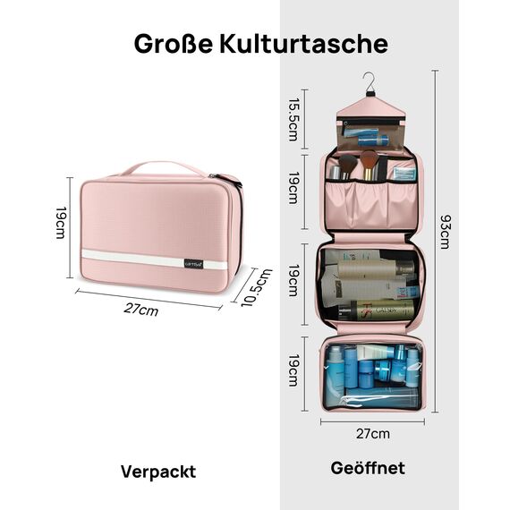 Carttiya Kulturbeutel zum Aufhängen, Kulturbeutel Herren Damen, Kosmetiktasche Groß Waschtasche Reise Waschbeutel Cosmetic Bag Makeup Tasche Kulturtaschen Toilettentasche mit Haken (Rosa)